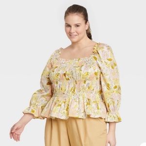 NWT - Who What Wear Balloon 3/4 Sleeve Smocked Peplum Top Beige Floral Brown 2X